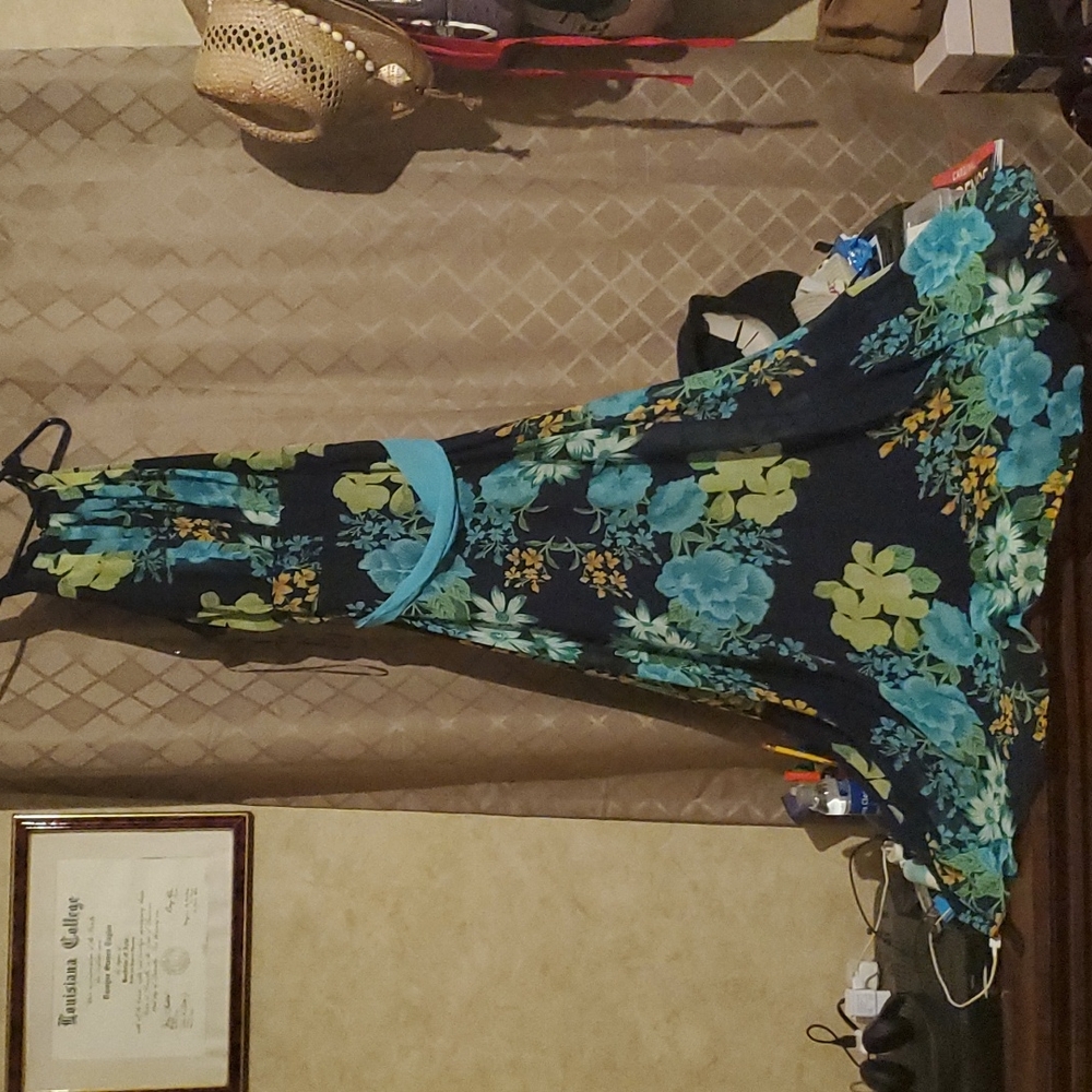 Tie Neck Maxie Dress. Turquoise floral pattern